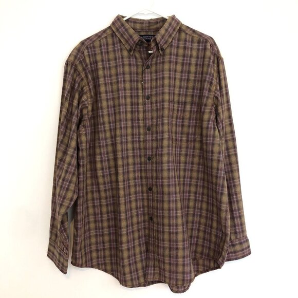 NEW NWT ROUNDTREE YORKE Mens Tan Brown Blue White Navy Plaid Cotton Button Down - Picture 1 of 10